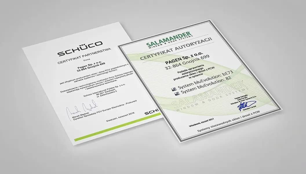 Kolekcja certyfikatów i nagród firmy PAGEN potwierdzających jakość produktów