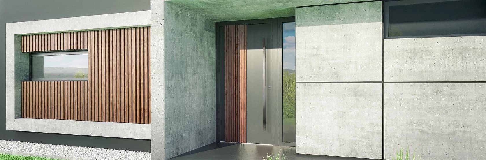 Nowoczesne, aluminiowe drzwi wejściowe ALU Premium Line z dekoracyjnymi panelami ściennymi