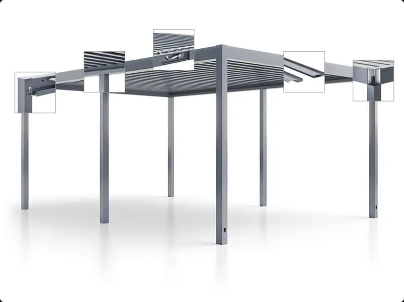 Szczegół konstrukcji pergoli MB-OpenSky 120 pokazujący wysoką jakość wykonania profili aluminiowych